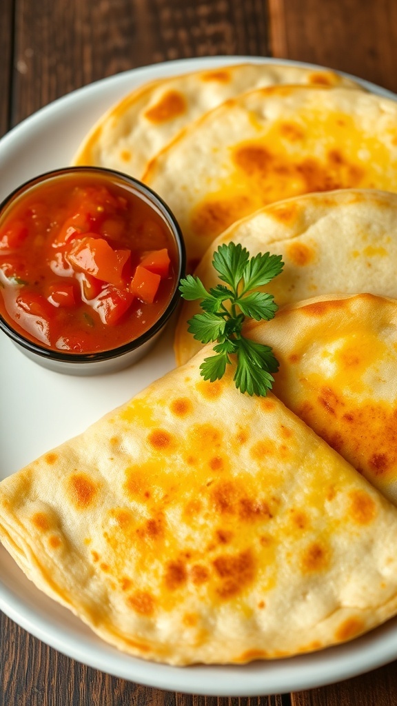 Honduran Quesadilla Recipe Golden-brown Honduran quesadillas filled with cheese, served with salsa on a rustic wooden table.